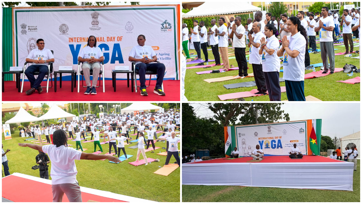 On 21 June 2026, celebration of International Day of Yoga 2026: The Hon'ble Minister of Sports, Youth and Employment of Burkina Faso, H.E. Mrs. Annick Lydie Djouma PIKBOUGOUM/ZINGUE OUATTARA herself a certified yoga teacher, led this year's Common Yoga Protocol session.
