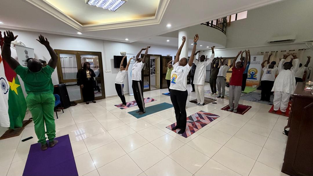 03 May 2026 - As part of the run up to IDY2026, a yoga session was organized at the Embassy of India, Ouagadougou, in collaboration with Sahaj Yoga, Brahma Kumaris, and Hatha Yoga groups.