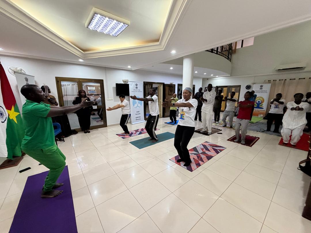 03 May 2026 - As part of the run up to IDY2026, a yoga session was organized at the Embassy of India, Ouagadougou, in collaboration with Sahaj Yoga, Brahma Kumaris, and Hatha Yoga groups.
