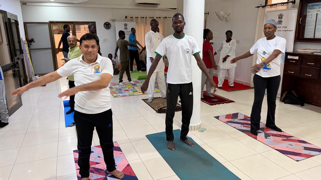 03 May 2026 - As part of the run up to IDY2026, a yoga session was organized at the Embassy of India, Ouagadougou, in collaboration with Sahaj Yoga, Brahma Kumaris, and Hatha Yoga groups.